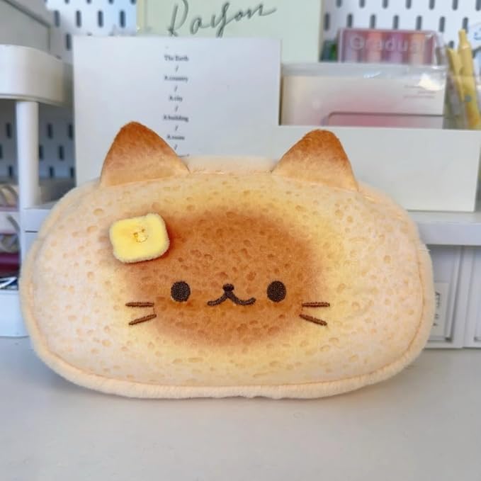 Super Cute Lovely Lucky Bread Toast Cat Pencil Case, Big Capacity Large Soft Plush Happy Kitty Fluffy Clothes Zipper Pencil Box Case, Makeup Bag Office Storage Holder Pouch Pen Bag -Siamese Cat