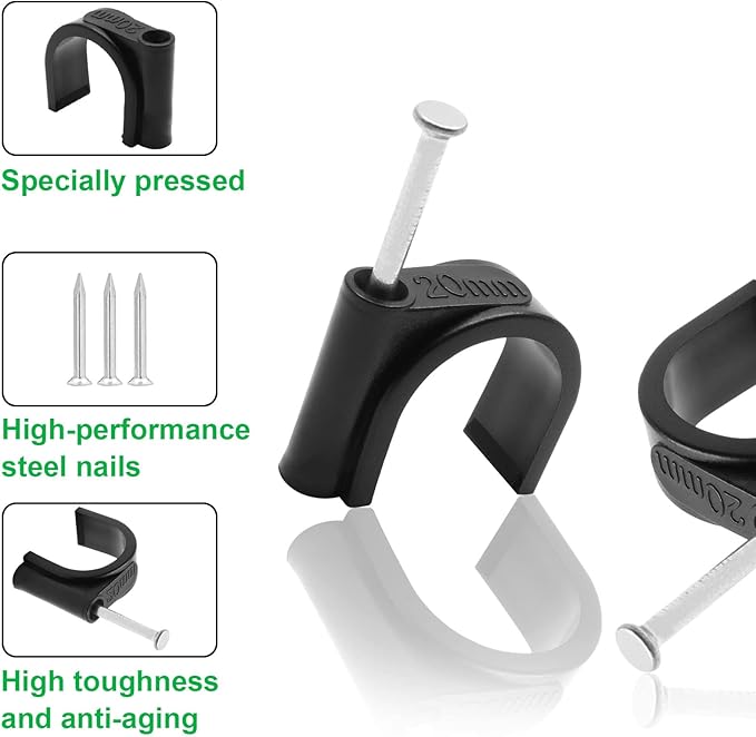 50pcs 3/4" / 20mm Half Clamp J-Hook with Nail, Nail in Cable Clips Ethernet Cable Nails Tacks Clips, Black