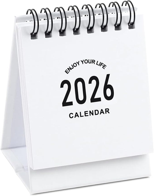 Mini Desk Calendar 2026 - Small Desk Calendar Runs January 2026 to June 2027, Monthly Calendar 250gsm Thick Paper Twin-Wire Binding with Stickers for Home Office School (Mini white)