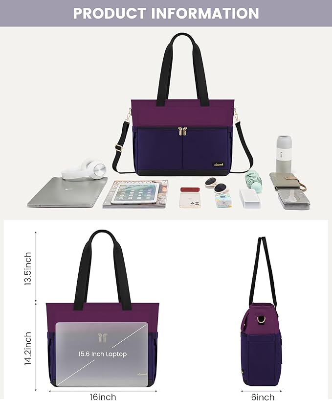 LOVEVOOK Laptop Bag for Women 15.6 Inch Canvas Laptop Large Capacity Work Bags Mutiple Pockets Teacher Bag Water Resistant Computer Bags for Business Travel Nurse, Dark Purple-Black