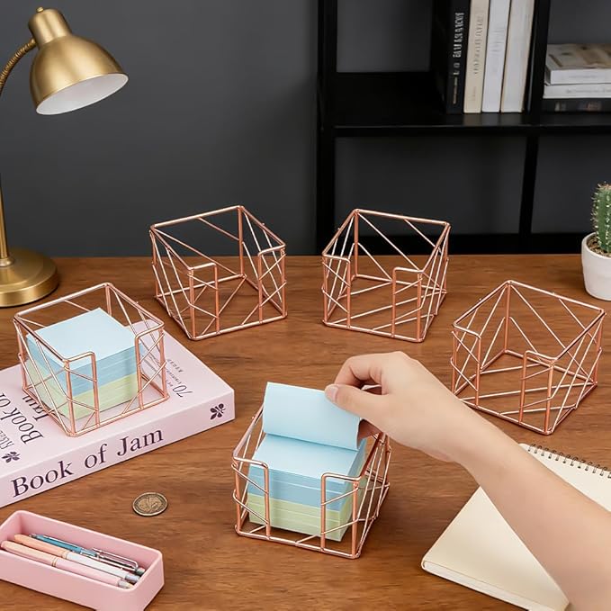 6 Pcs Sticky Note Holder, 4x4x3.15Inch Memo Note Cube Holder Mesh Desk Organizer for Notepads Pens Home Office Desk Supplies (Rose Gold)