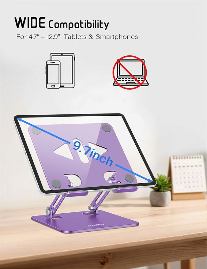 Tablet Stand Holder for Desk, Adjustable Desktop Tablet Holder, Foldable Aluminum Tablet Mount for iPad pro 12.9, iPad Air Mini, Samsung Galaxy Tabs Z Fold Kindle Fire 4-12 inch Purple