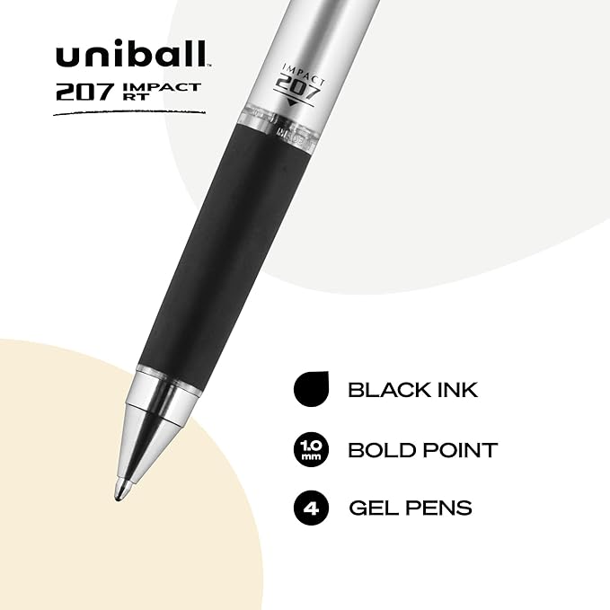 uniball 207 Impact RT Gel Pens, Bold Point (1.0mm), Black, 4 Pack