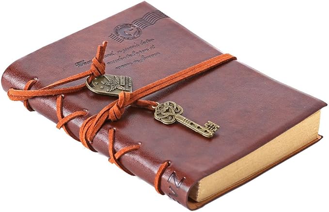 EvZ Leather Writing Journal Notebook, Classic Key Bound Retro Vintage Notebook Diary Sketchbook Gifts with Unlined Travel Journals to Write in for Girls and Boys Notepad Guest Book, Dark Coffee
