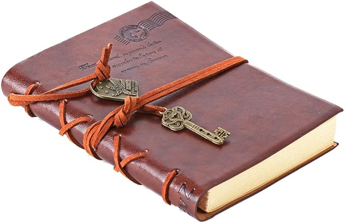 EvZ Leather Writing Journal Notebook, 7 Inches Key Bound Retro Vintage Notebook Diary Sketchbook Gifts with Unlined Travel Journals to Write in for Girls and Boys Notepad Guest Book, Dark Coffee