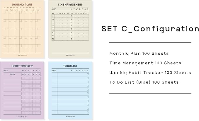 Day By Day Mini Planner Pads, Aesthetic Korean Style Tear-off Planning Pad, Pack of 4 Designs, 100 Sheets each design (Total 400 Sheets), Lovely Assorted Color, Portable Size 3.15 x 4.13", SET_C [ To Do List + Monthly Plan + Time Management + Habit Tra...