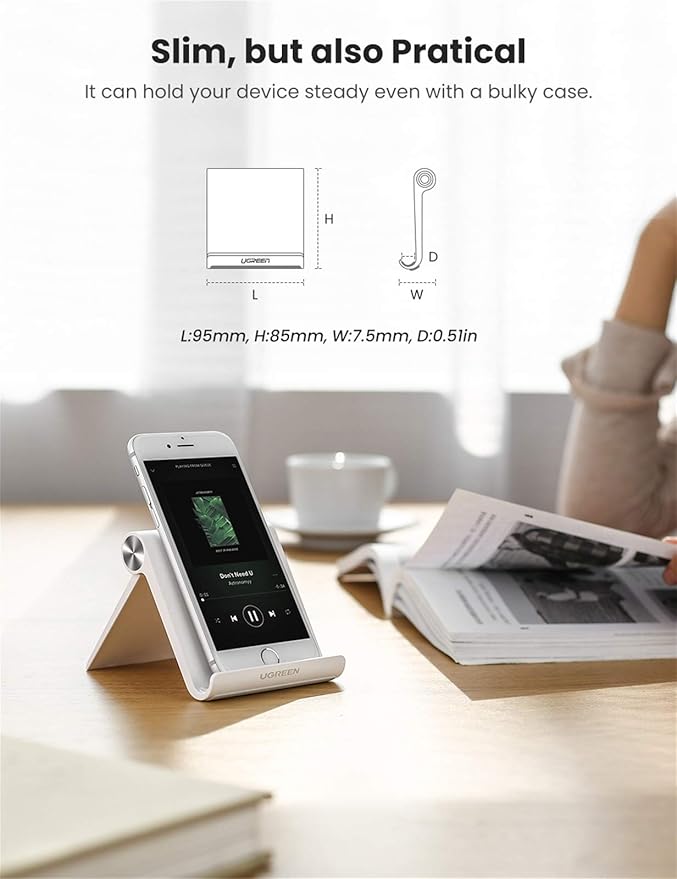 UGREEN Cell Phone Stand for Desk Phone Holder Foldable Portable Adjustable Compatible with iPhone 17 Air 16 15 14 13 Pro Max, iPhone 12 11 Plus SE XS XR 8 7, Office Desk Travel Accessories, White