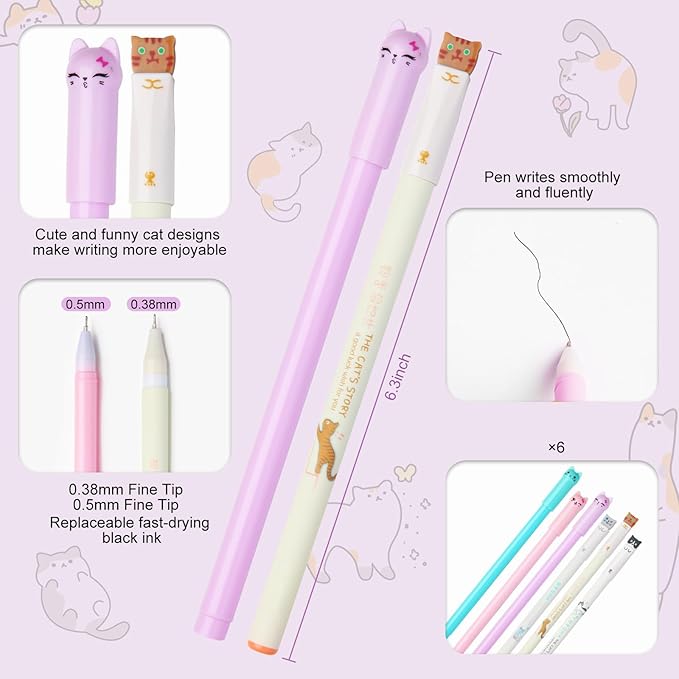 Cat Office School Supplies,Cute Sticky Notes Gel Ink Pens Stickers Greeting Card for Cat Lovers Stationery Supplies (63)