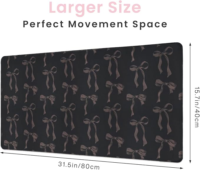 Black Bow Mouse Pad, Extra Large 31.5 x 15.7in Black Mouse Pad with Bows, Full Desk Mat Keyboard Mat Cute Girly Computer Pad Home Office Decor Desktop Cover, Non-Slip Rubber Base Gaming Mousepad