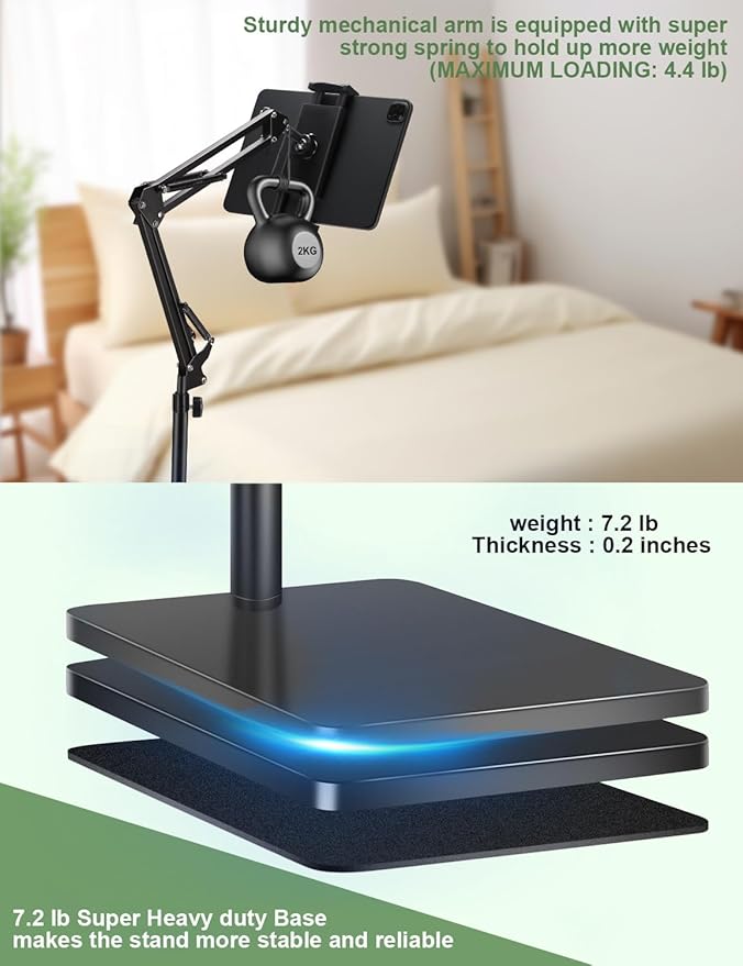 Tablet Floor Stand with 7.2 lb Weight, Overhead Bed Phone Mount Height Adjustable Arm Stretchable Stand Holder, Compatible with iPad mini Air Pro, Galaxy Tab, Kindle, Switch, Cell Phones