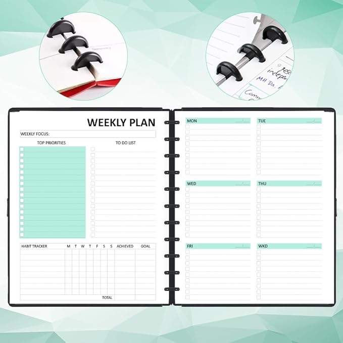 Letter Size Undated Weekly Planner Inserts - 53 Sheets/106 Pages, 11 Discbound, A4 planner Refills, Weekly Plan (Left), Daily Details (Right), Lasts 1 Year, Undated, 8-1/2" x 11"