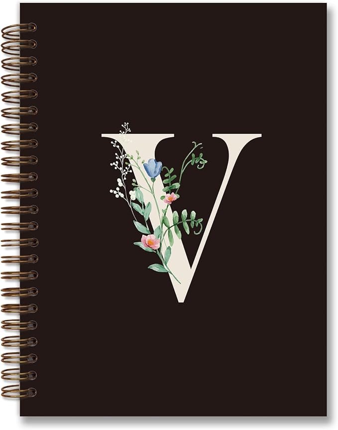 Trendy Personalized Journal Hardcover Spiral Notebook,Black Initial Letter V Notebook,Monogrammed Gifts for Women Teen Girl,College Ruled Hardcover Spiral Notebook 5.5 x 8.3