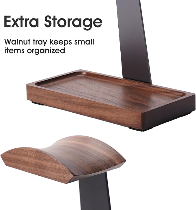Walnut Headphone Stand, Wooden Headset Stand for Desk, Wood Gaming Headphone Holder with Storage Base for Airpod max, Bose, Razer, Sennheiser, Jabra, JBL, AKG, Vintage Gift for Men