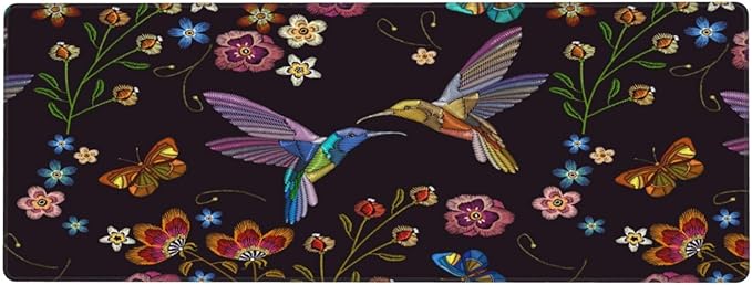 Hummingbird and Tropical Flowers Large Mouse Pad with Stitched Edges Long Non-Slip Rubber Base Mousepad Humming Birds Laptop Keyboard Mat Desk Pad for Office Home Desk Decor, 31.5" X 11.8"