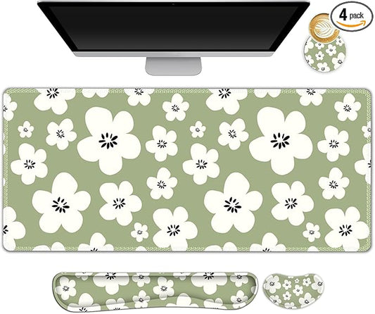 Large Gaming Mouse Pad Set, 4 in1 Ergonomics Keyboard Desk Mat w/Memory Foam Wrist Rest, Computer Extended Game Mousepad, Non-Slip Desk Matt Pad Easy Typing Pain Relief I Green Lucky Florals