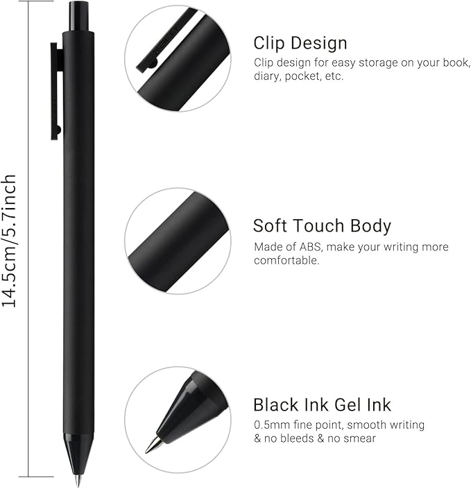 Kaco PURE Gel Pens 0.5mm Fine Point Black Ink 10 Count, Quick Dry Smooth Writing, Aesthetic Office Supplies Refillable Retractable Low Center of Gravity