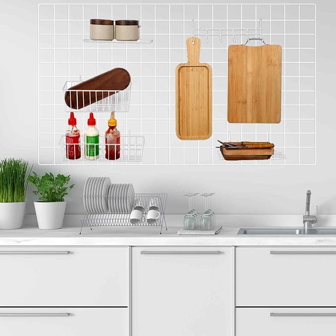 Fumete 9 Pcs Wall Grid Hanging Basket Shelf Hooks Set Includes 3 Basket 3 Wire Straight Shelf and 3 Hooks for Storage Display Organizer Grid Wall Accessories(White)