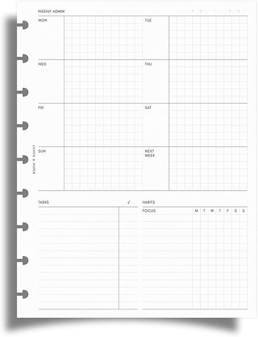Cloth & Paper Weekly Admin Planner Inserts | HP Classic Size 7 x 9.25 Inches | 9 Disc Punch | Monday Start | Minimalist Weekly Task + Habit Tracker Layout | Refill Pages for HP Classic Planners