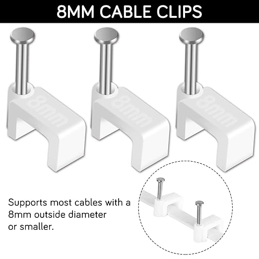 Cable Clips - CableGeeker 100 Pieces Ethernet Cable Clips with Nails 8mm Cord Holder for Cat6 Cat7 Flat Ethernet Cable (White)