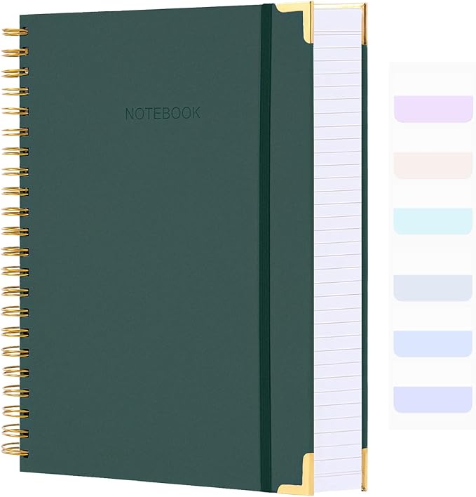 Spiral Notebook, College Ruled Notebook, 8.5" x 11", 300 Pages Hardcover Leather Notebook Journal for Women Men, A4 Large Lined Journal Notebooks for Work School, 24pcs Index Tabs, Green