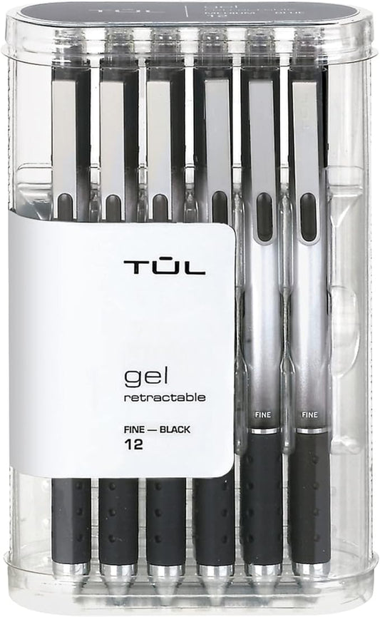 TUL Retractable Gel Pens, Fine Point, 0.5 mm, Gray Barrel, Black Ink, Pack Of 12 Pens