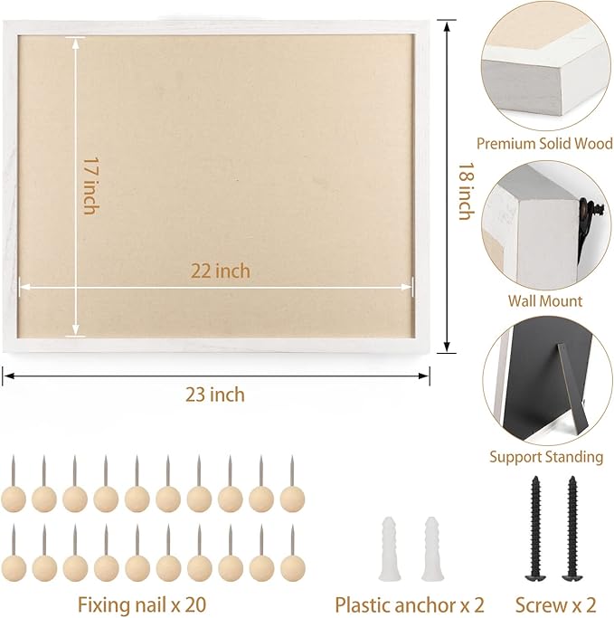 Miratino Large Bulletin Board 23x18 inch with Linen Cork Boards Wall Decor Hanging Pin Wood Framed Display Bulletin Cork Photo Picture Board Light for Room School Office 20-Pushpin Vintage White