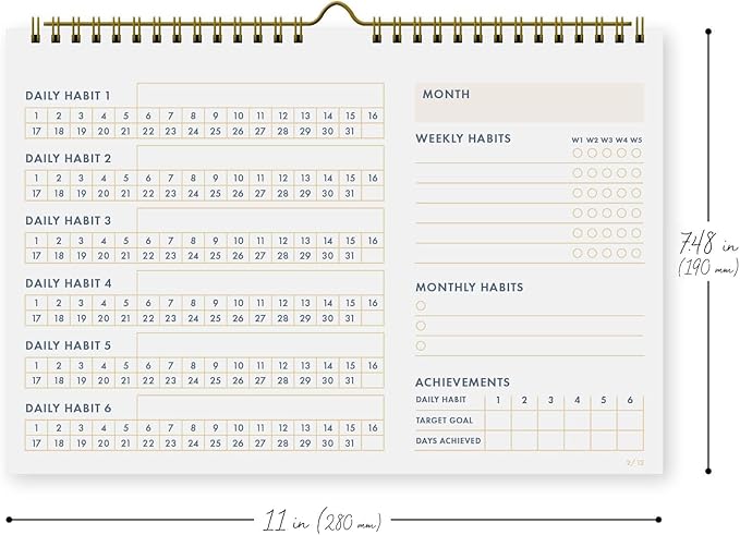 Undated Monthly Habit Tracker Calendar – Minimalist Table Wall Planner for Goals, Productivity & Self-Care, Daily/Weekly/Monthly Tracking, Wire-O Hanger, Thick 200 gsm Paper, Neutral Organizer