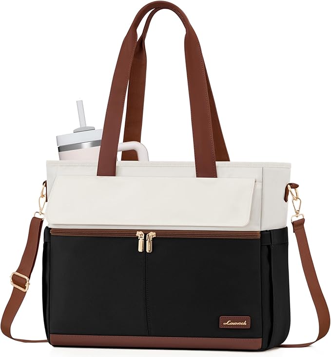 LOVEVOOK Teacher Tote Bag for Women, 15.6 Inch Laptop Bag with Inside Large Cup Pocket, Large Capacity&Multi-Pockets Nurse Work Bag, Professional Briefcase Business Purse Handbag Gifts, Black Brown