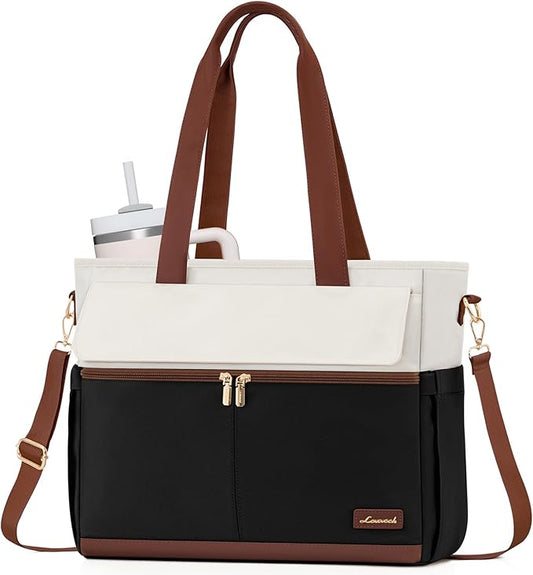 LOVEVOOK Teacher Tote Bag for Women, 15.6 Inch Laptop Bag with Inside Large Cup Pocket, Large Capacity&Multi-Pockets Nurse Work Bag, Professional Briefcase Business Purse Handbag Gifts, Black Brown