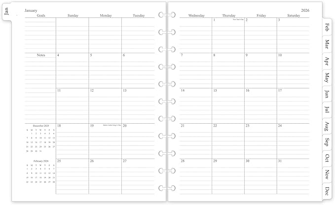 2026 Monthly Planner Refill, A4 Letter Size Planner Inserts for 11-Disc Discbound, 8.5"x11", Jan. 2026 - Dec. 2026, 12 Monthly Calendars with Laminated Tabs