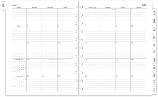 2026 Monthly Planner Refill, A4 Letter Size Planner Inserts for 11-Disc Discbound, 8.5"x11", Jan. 2026 - Dec. 2026, 12 Monthly Calendars with Laminated Tabs