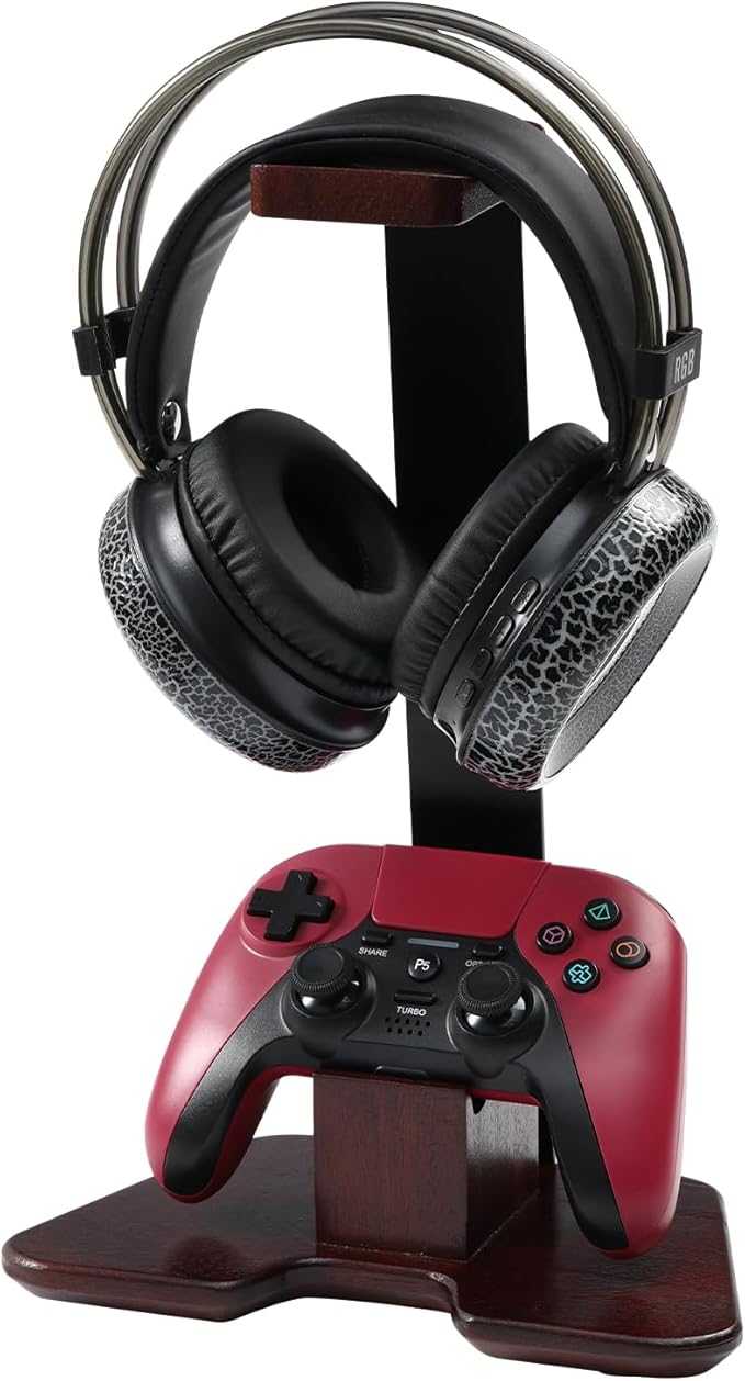 Headset and Controller Stand for Desk, Walnut Wood Headphone Stand with Gaming Controller Holder, Universal Headset Holder for PS5, Xbox, AirPods Max & All Headphones