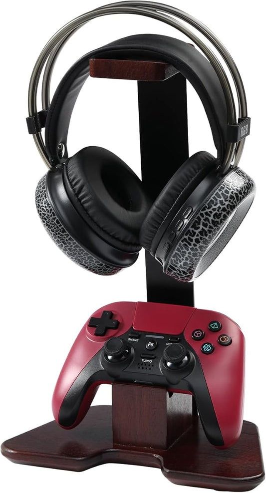 Headset and Controller Stand for Desk, Walnut Wood Headphone Stand with Gaming Controller Holder, Universal Headset Holder for PS5, Xbox, AirPods Max & All Headphones