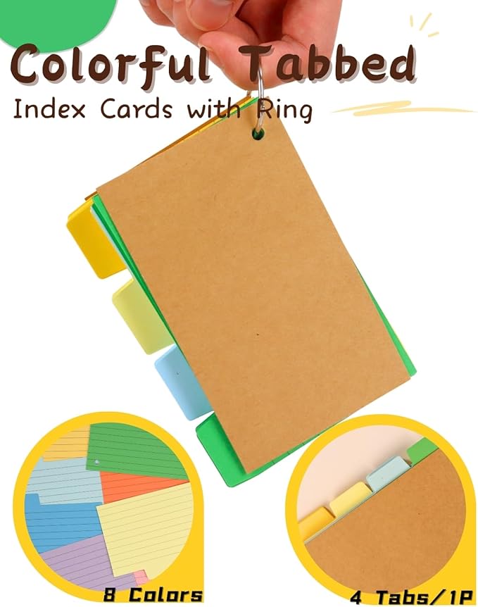 Tabbed Index Cards with Ring 3x5, Lined Colored Flash Card with Tabs, Assorted Colors Thicken Notecards School Supplies for Students Study Note Office Essentials (ColorA+ColorB, 200PCS)