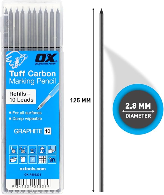 OX Tools 2.88 mm Tuff Carbon Marking Carpenter Pencil Lead Refills – 10 Pack Break Resistant Graphite Replacements for Construction, Woodworking & Deep‑Hole Mechanical Pencils