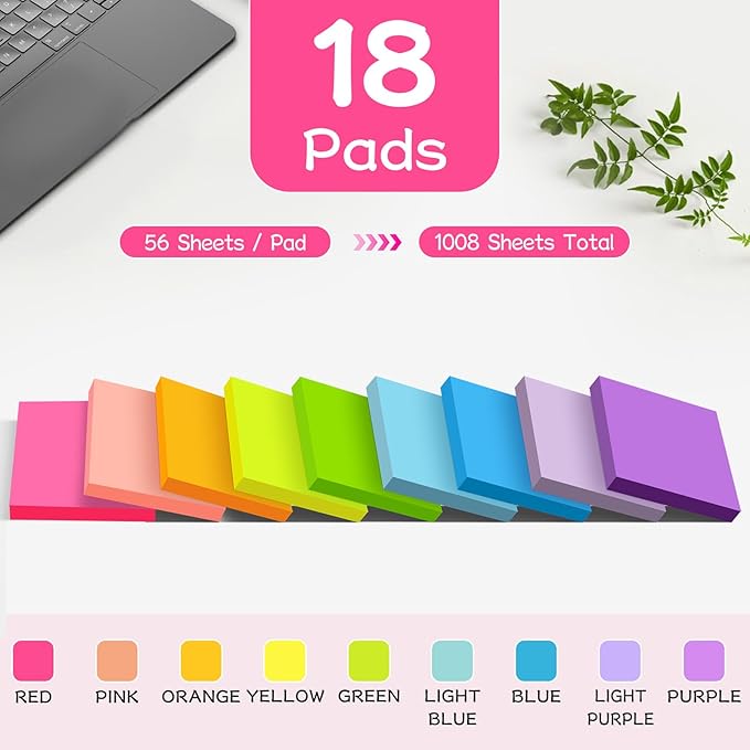 (18 Pads) Sticky Notes 3x3 inch, Self-Stick Pads Bright Colors Sticky Note, Recyclable, Easy to Post for Home, Office, Notebook