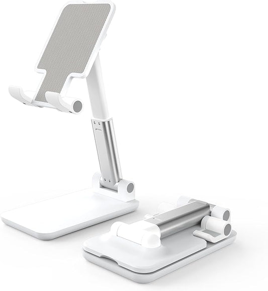 Cell Phone Stand, Adjustable Angle and Height Cell Phone Holder for Desk, Foldable and Portable, Anti-Slip Silicone Pad, Compatible with All Mobile Phones and 4-8 Inch Devices, White
