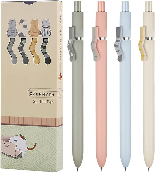 Cat Pens, 4 Pcs 0.5mm Japanese Pens, Cute Kawaii Black Ink Fine Point Smooth Writing Pens (4 Pcs Morandi Cat)