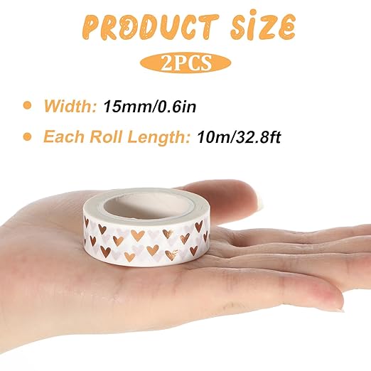 2PCS Heart Foil Washi Tape, Love Washi Tapes Hearts Scrapbook Tape Decorative Tapes for Scrapbooking DIY Craft Decoration Bronze