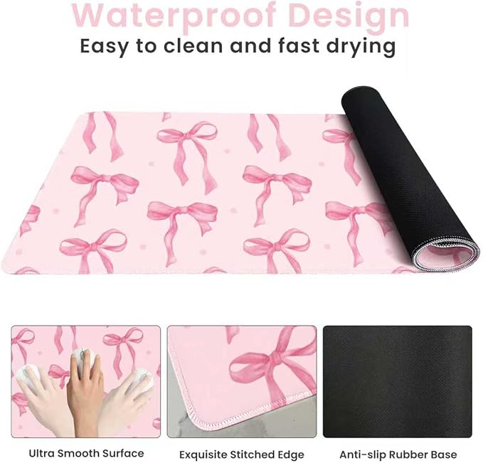 Large Mouse Pad, Pink Bows Desk Mat Cute Pink Office Accessories, Non-Slip Rubber Base Gaming Mousepad Coquette Keyboard Mat for Laptop Computer PC, Desktop Mat Girly Office Décor 23.6 x 11.8in