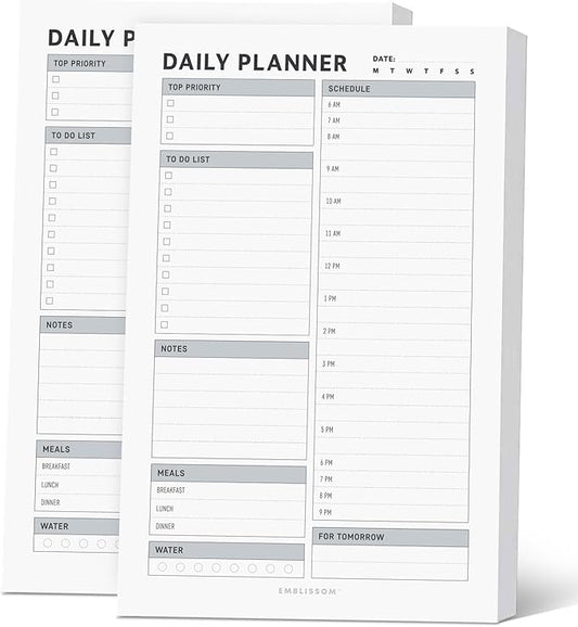 Daily Planner Notepad, 5.5 x 8.5" Tear-Off Pad – 70 Undated Sheets Focus-Enhancing Desktop Organizer with Hourly Schedule, To-Do List for Work, School (White, Checkbox, 2 Pack)
