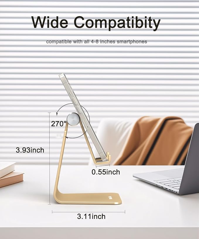 Cell Phone Stand for Desk- Adjustable Phone Stand Holder, Cradle, Dock, Desktop Stand for iPhone 17 16, 15, 14, Plus, Pro, Pro Max, 13 12 X XS,4-8" Phones, Office Accessories (Gold)