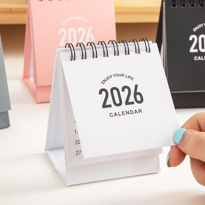 Mini Desk Calendar 2026 - Small Desk Calendar Runs January 2026 to June 2027, Monthly Calendar 250gsm Thick Paper Twin-Wire Binding with Stickers for Home Office School (Mini white)