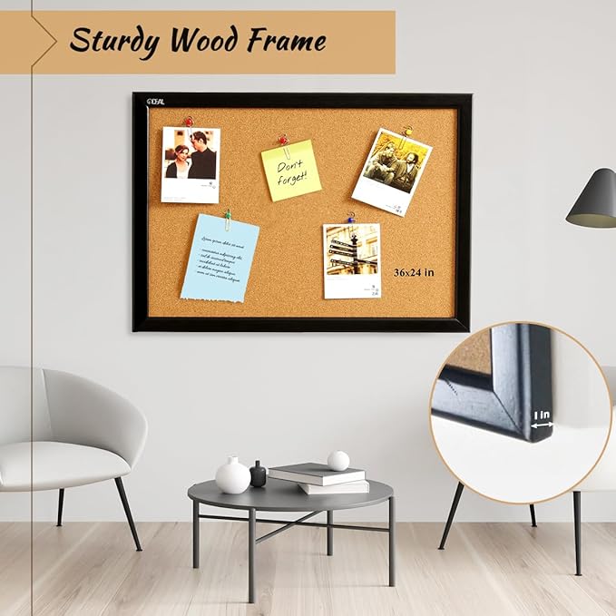 Gideal Cork Board 24 x 36 Inch Bulletin Board, Cork Notice Board 100% Wood Framed Brazil Imported, Mounting Hardware Push Pins Included