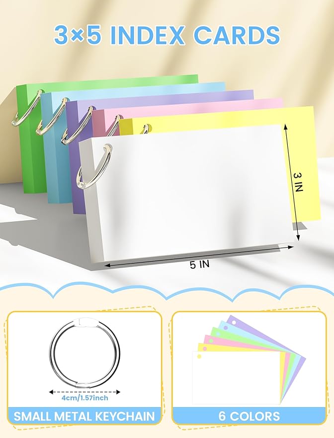 Blank Index Cards with Ring, 300PCS Blank Notecards 3 x 5 Flashcards for Studying，Unruled Flash Note Cards 3'' x 5'' Unlined Index Cards Bulk for College Nursing School Supplies, 6 Pack of 50, Colored