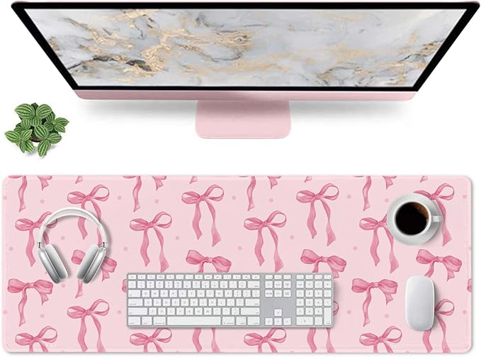 Pink Desk Mat, Pink Bow Keyboard and Mouse Pad Computer Mat, Non-Slip Rubber Base Extra Large Gaming Mouse Pad for Laptop, Cute Office Essentials School Supplies Desktop Decor for Girls 31.5 x 11.8in