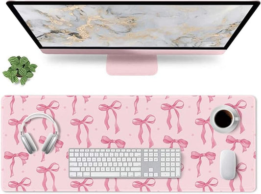 Pink Desk Mat, Pink Bow Keyboard and Mouse Pad Computer Mat, Non-Slip Rubber Base Extra Large Gaming Mouse Pad for Laptop, Cute Office Essentials School Supplies Desktop Decor for Girls 31.5 x 11.8in