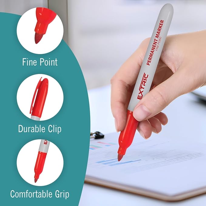 EXTRIC Permanent Markers Red, 12 Count Fine Point Markers, Quick Drying, Works on wood, Paper, Plastic, Metal and Glass, for Home, Office and School use