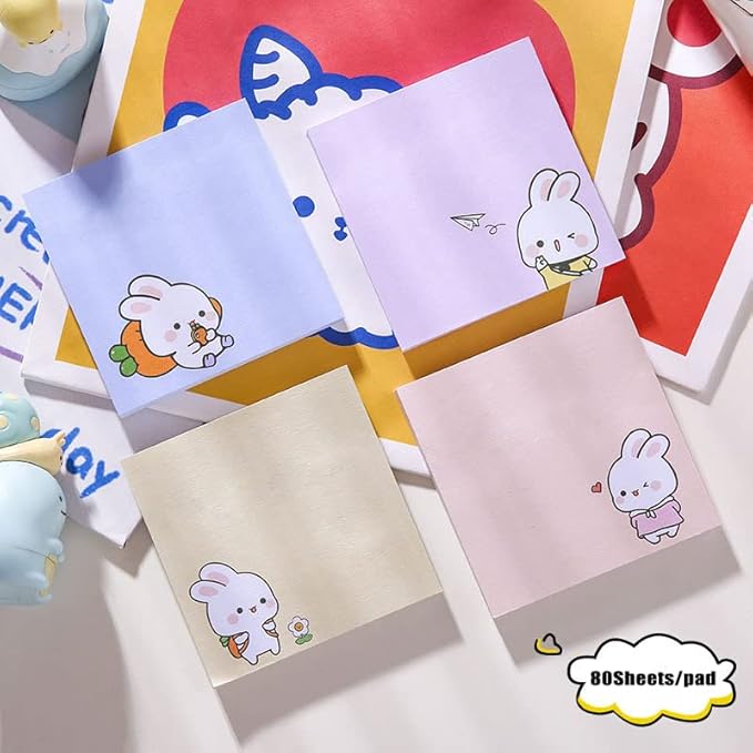 4 Pack 80Sheets Per Pack 3.15x3.15in Self-Stick Note Pads, Kawaii Sticky Notes,Cute Sticky Notes,Korean Sticky Notes,Cute Stationary,Cute School Supplies Aesthetic (Happy Rabbit)