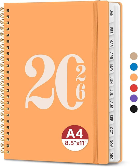2026 Planner, Weekly and Monthly Calender Planner, Jan 2026 to Dec 2026, Hardcover 2026 Calendar Book with Tabs & Inner Pocket, Office Home School Supplies for Women & Men - A4 (8.5" x 11"), Bright Orange